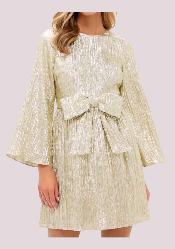 Hyacinth House Gold Plisse Carol Bow Mini Dress