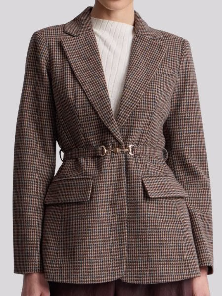 belted houndstooth blazer