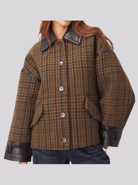 brown houndstooth coat with leather cuffs and collar