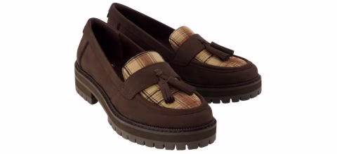 brown tassle loafers with plaid details and lug sole