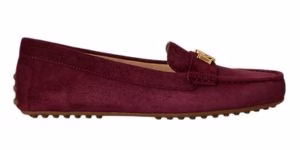 burgundy suede loafer with gold detail