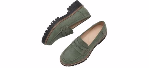 green suede lug sole loafers
