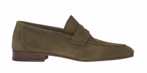 green suede penny loafers