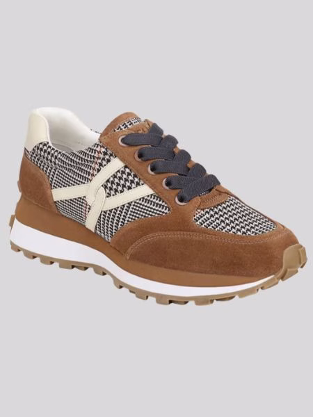 houndstooth and suede sneakers