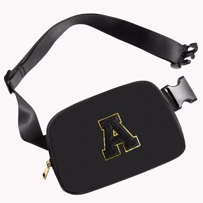 black and gold varsity letter fanny pack