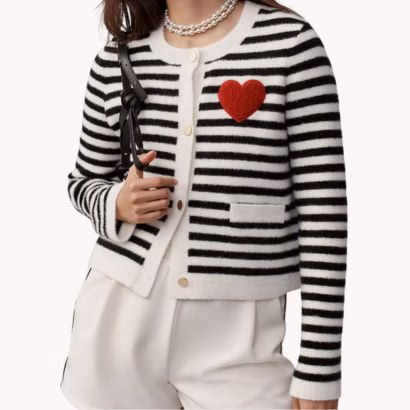 black and white striped jacket with red heart