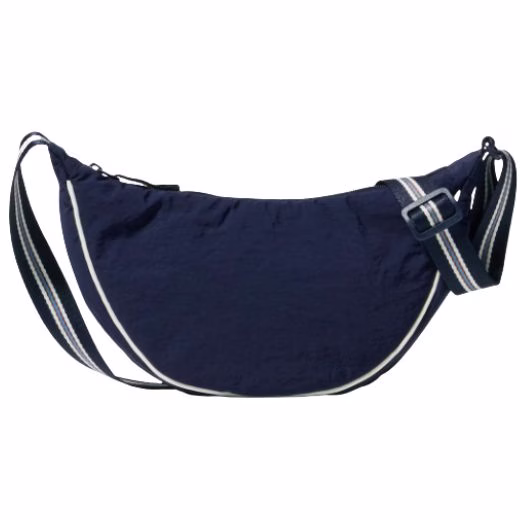 blue crescent shaped crossbody bag