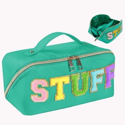 green varsity letter cosmetic bag
