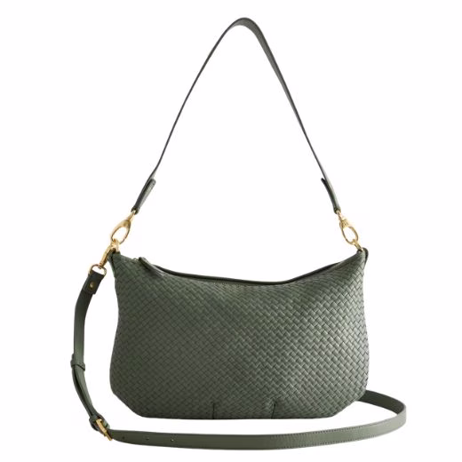 green woven crescent bag