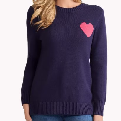 navy blue sweater with a pink heart for valentine's day