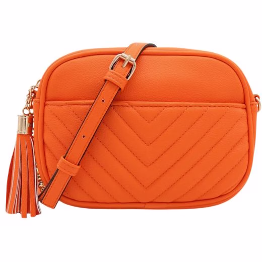 orange quilted crossbody camera bag