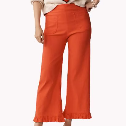 red pants with ruffle hem