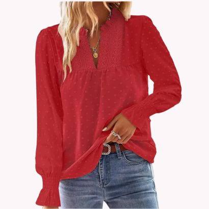 red swiss dot blouse