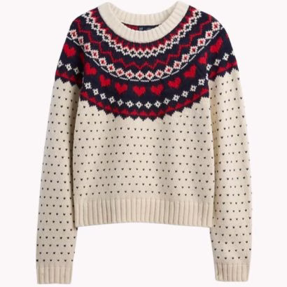 white sweater with red hearts GAP