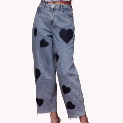 wide leg barrel jeans with black heart embelishments