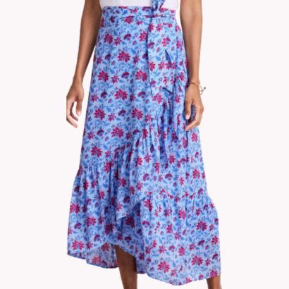 blue floral print wrap skirt
