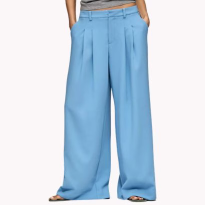 blue pleated trousers