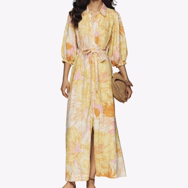 yellow linen shirt dress with a pattern