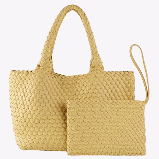 yellow woven tote bag