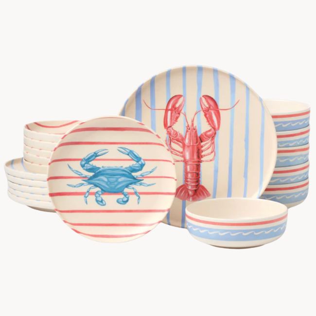 Coastal striped melamine outdoor dining plates and bowls