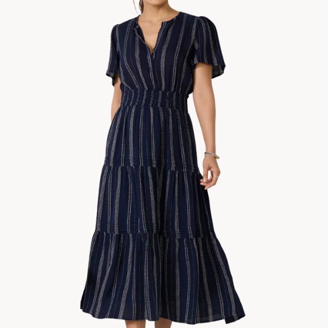 blue and white striped linen maxi dress