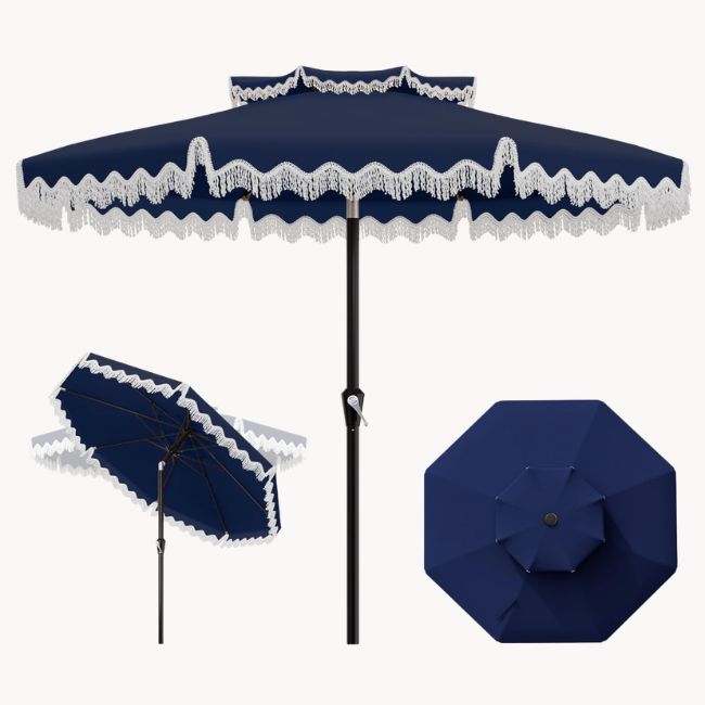 navy patio umbrella with white fringe