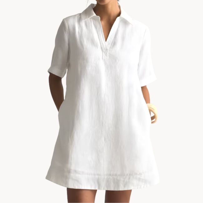 quince white linen mini dress with sleeves