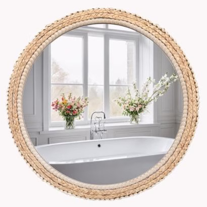 rattan and wood round wall mirror