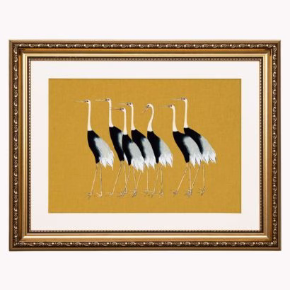 vintage art with ostriches on yellow background