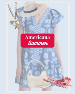 Americana Summer Style with blue dress, white hat, red slides and white purse.
