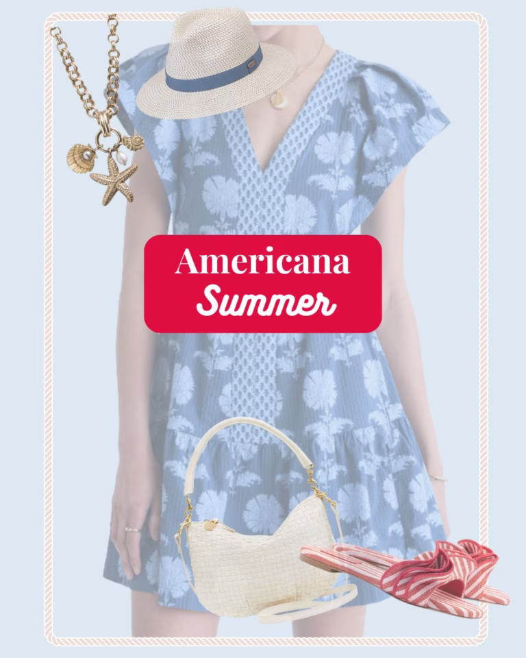 Americana Summer Style with blue dress, white hat, red slides and white purse.