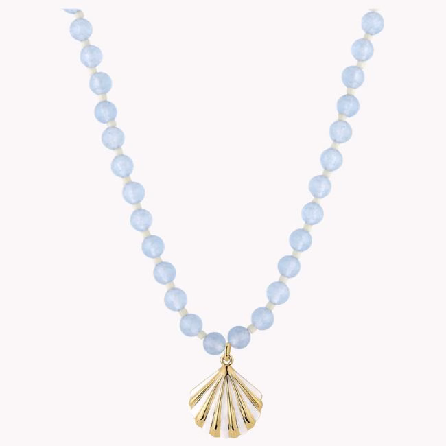 Blue Bead and Seashell Gold Charm Necklace