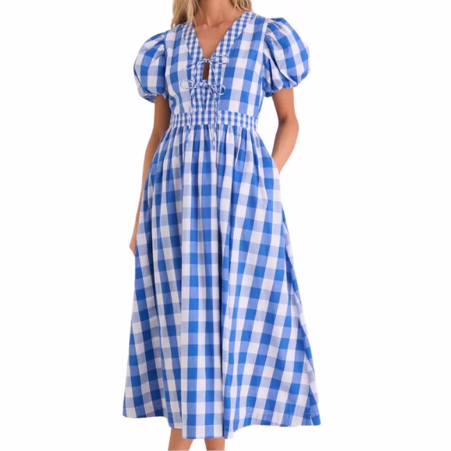Blue and white maxi gingham dress