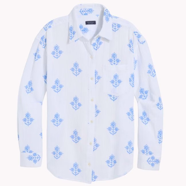 Casual White button down with blue flowers