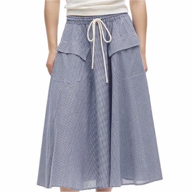 Drawstring gingham midi skirt