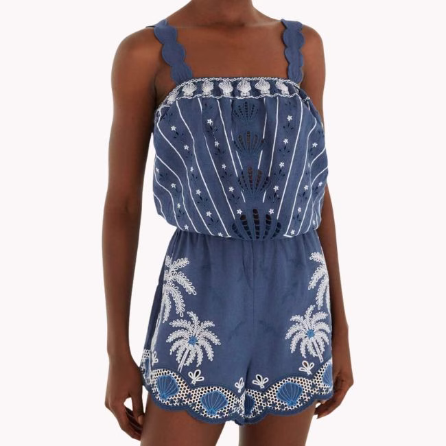Farm Rio Embroidered Blue Romper