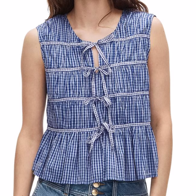 J.Crew blue gingham tie front top