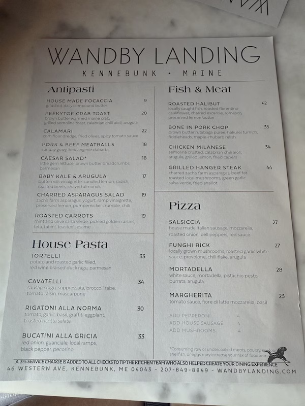 Wandby Landing Dinner menu