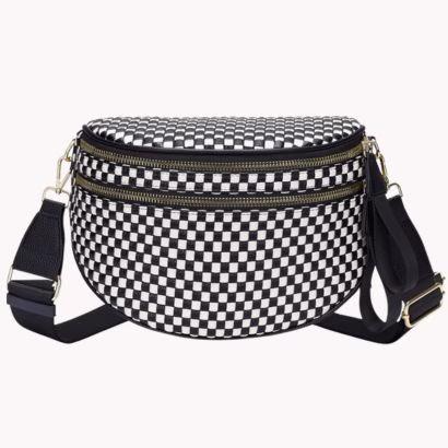 black and white checkered woven bag that looks like Clare V.