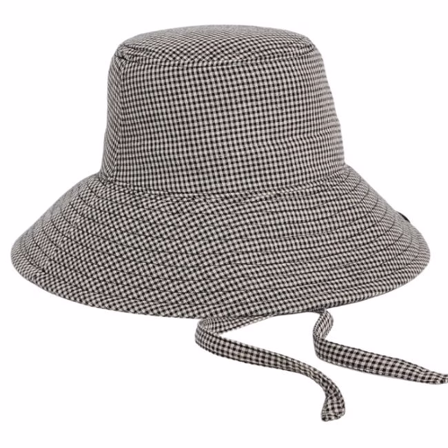 black gingham bucket hat with strap