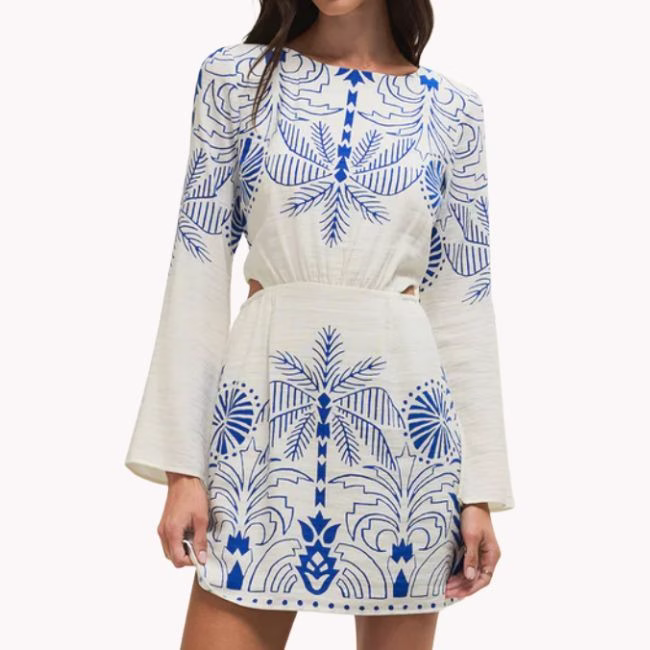 blue and white long sleeve summer mini dress