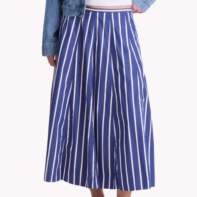 blue and white stripe midi dress