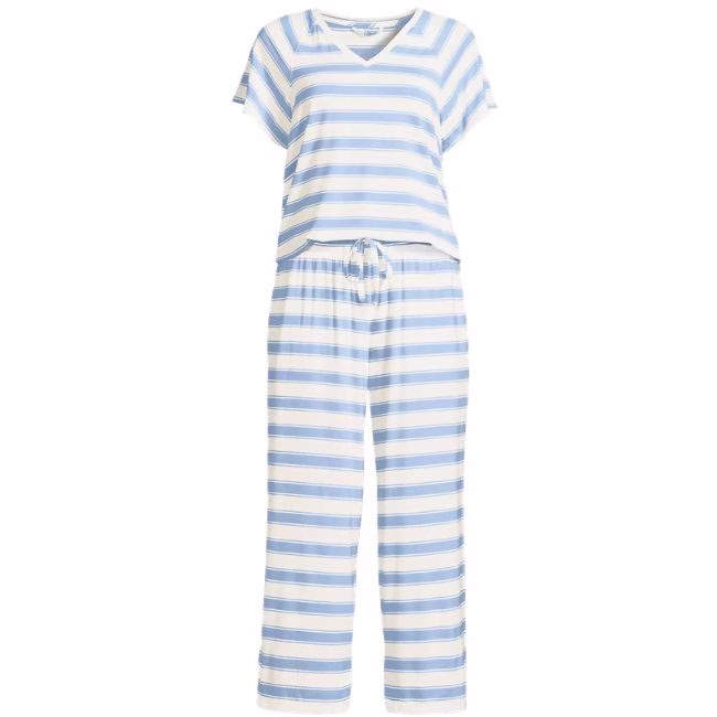 blue and white stripe moisture wicking pajama set