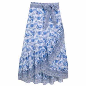 blue and white wrap skirt with bow