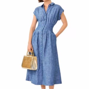 blue linen button down midi dress