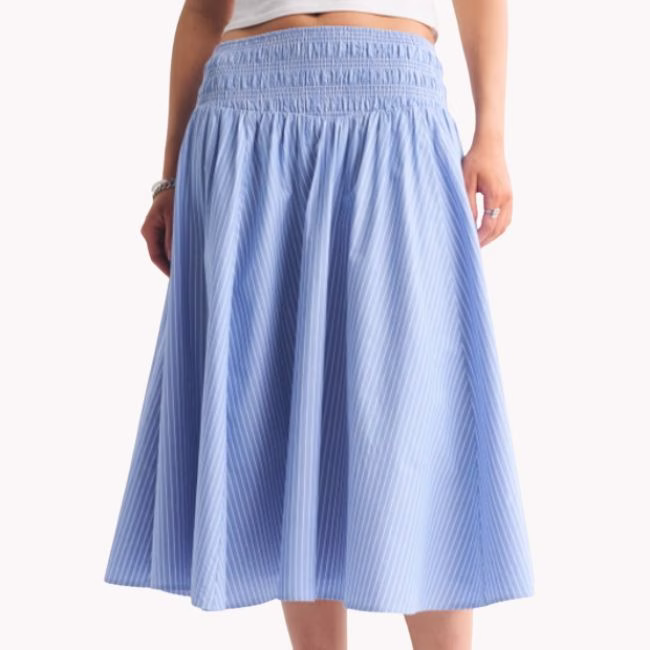 blue smocked waist midi skirt