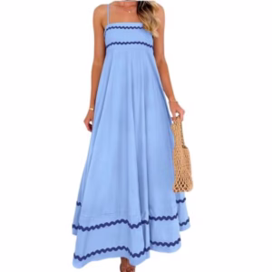 blue strappy long a line dress with ricrac details