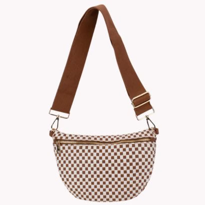 brown and white checkered woven bum bag that looks like clare v.