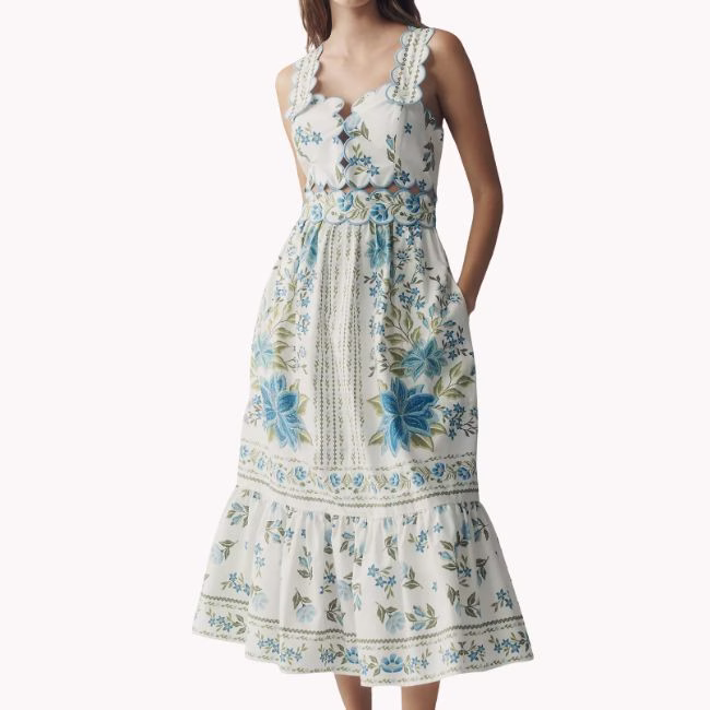 farm rio anthropologie white and blue floral sleeveless dress