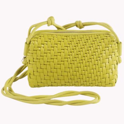 neon yellow woven vegan leather crossbody bag